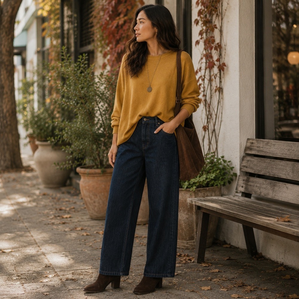 Eileen Fisher Mustard Yellow Viscose Blend Boxy Crewneck Sweater Women L Large